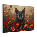 Canvas Schilderijen Zwarte kat in een veld met rode bloemen