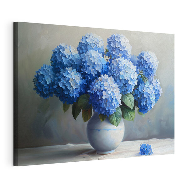 Canvas Schilderijen Schilderij van blauwe bloemen in een vaas