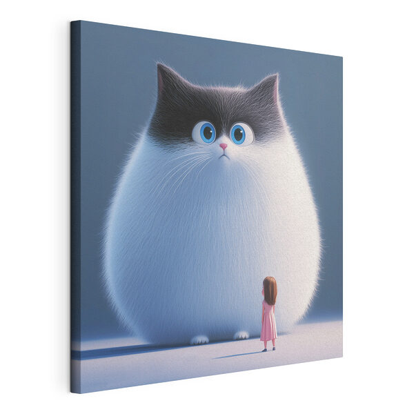 Canvas Schilderijen Spotprent van een kat die naar een klein meisje kijkt