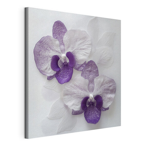 Paarse en witte bloemen op een wit oppervlak Canvas Schilderijen Paarse en witte bloemen op een wit oppervlak