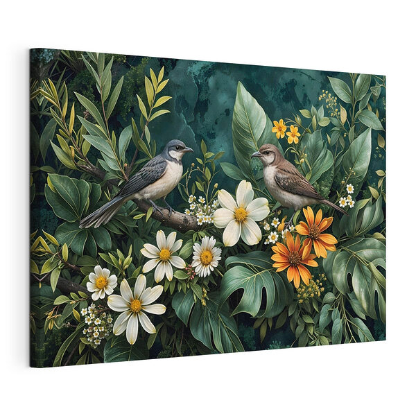Canvas Schilderijen Vogels op een tak met bloemen