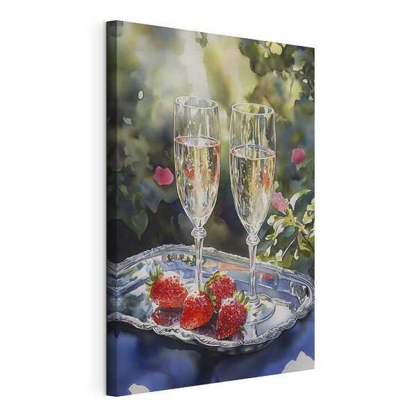 Twee glazen champagne en aardbeien op een dienblad Canvas Schilderijen Twee glazen champagne en aardbeien op een dienblad