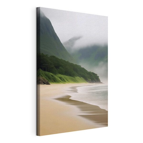 Canvas Schilderijen Strand met bomen en bergen