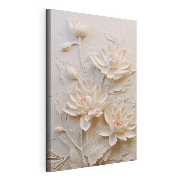 Snijwerk van witte bloemen op een muur Canvas Schilderijen Snijwerk van witte bloemen op een muur