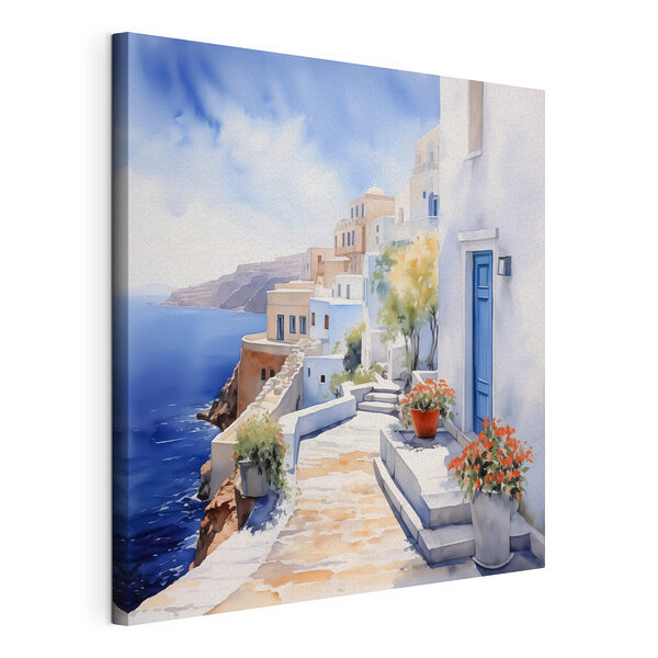 Canvas Schilderijen Aquarelverfschilderij van een wit gebouw met blauwe deuren en bloemen op een klif