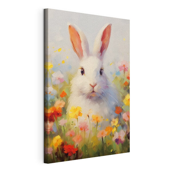 Canvas Schilderijen Wit konijn in een bloemenveld