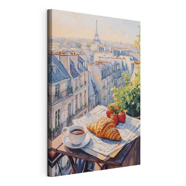 Ontbijt op een tafel met een kopje koffie en aardbeien Canvas Schilderijen Ontbijt op een tafel met een kopje koffie en aardbeien