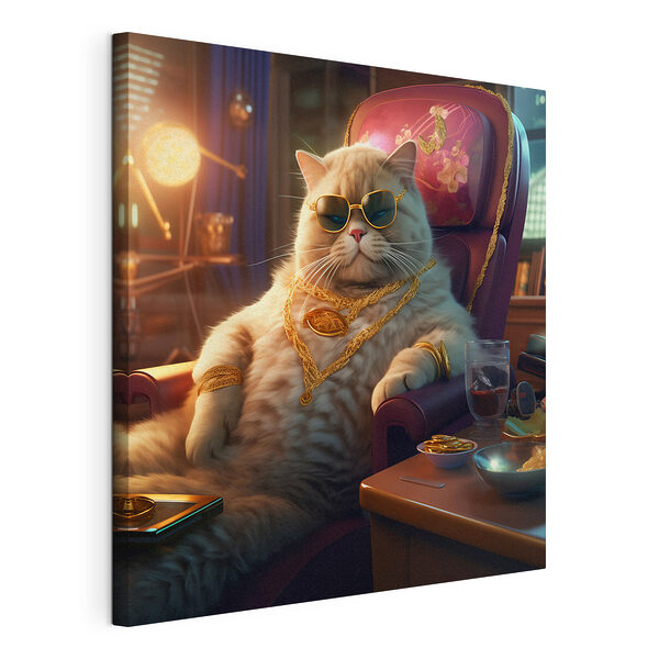 Kat met zonnebril en ketting, zittend in een stoel Canvas Schilderijen Kat met zonnebril en ketting, zittend in een stoel