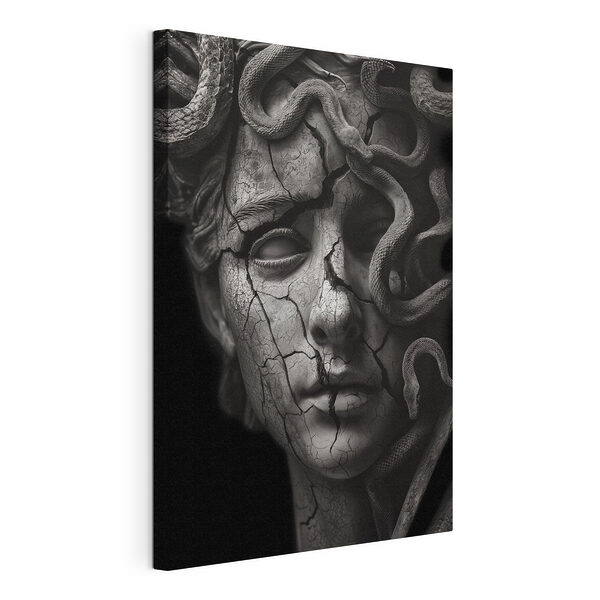 Beeld van een vrouw met een gebarsten gezicht en slangen rond haar gezicht Canvas Schilderijen Beeld van een vrouw met een gebarsten gezicht en slangen rond haar gezicht
