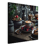 Canvas Schilderijen Kopje koffie met latte art op een bord met fruit en ontbijtgranen