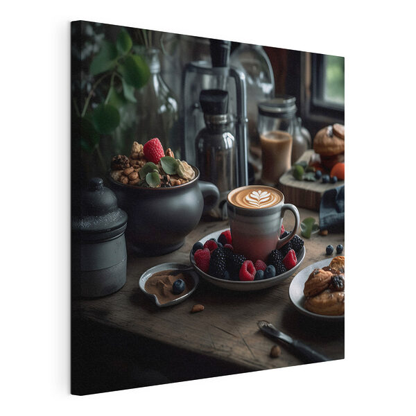 Kopje koffie met latte art op een bord met fruit en ontbijtgranen Canvas Schilderijen Kopje koffie met latte art op een bord met fruit en ontbijtgranen
