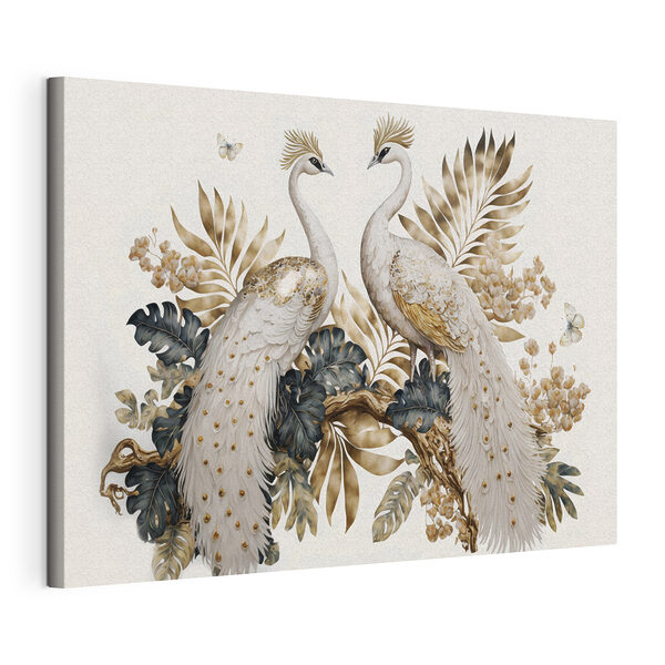 Canvas Schilderijen Elegante pauwen te midden van weelderig gebladerte