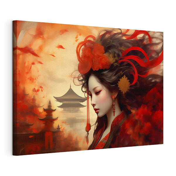 Canvas Schilderijen Vrouw met lang haar en rode bloemen in haar haar