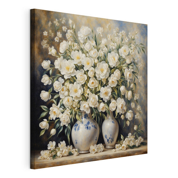 Witte bloemen in elegante blauwe vazen Canvas Schilderijen Witte bloemen in elegante blauwe vazen