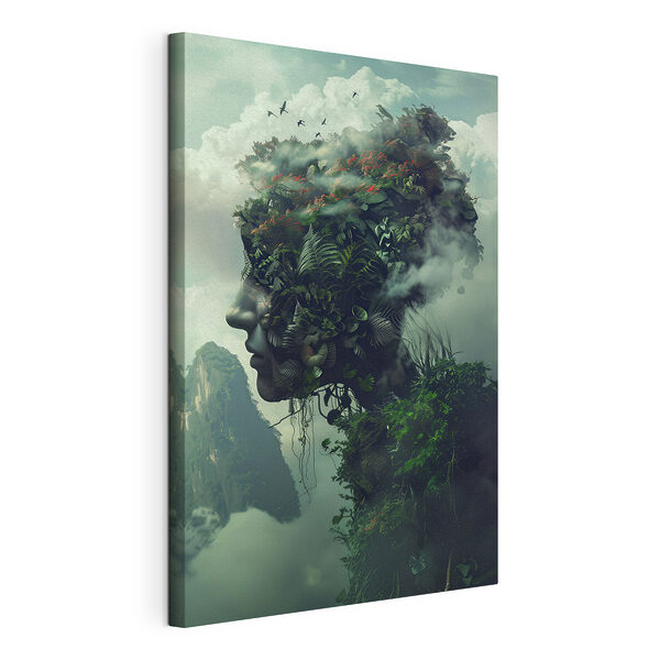 Canvas Schilderijen Gezicht van een persoon met planten en wolken