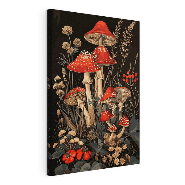 Roodkapzwammen in een bloemrijke omgeving Canvas Schilderijen Roodkapzwammen in een bloemrijke omgeving