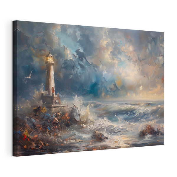 Canvas Schilderijen Schilderij van een vuurtoren in de oceaan