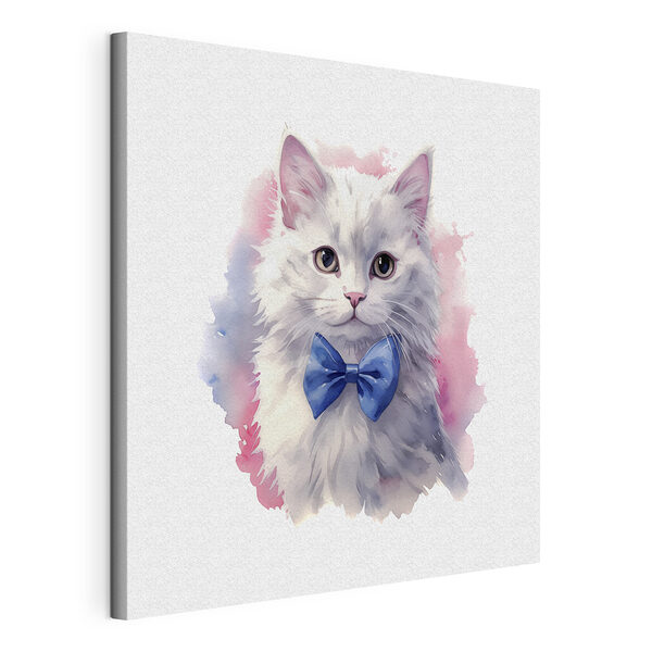 Witte kat met blauw strikje Canvas Schilderijen Witte kat met blauw strikje