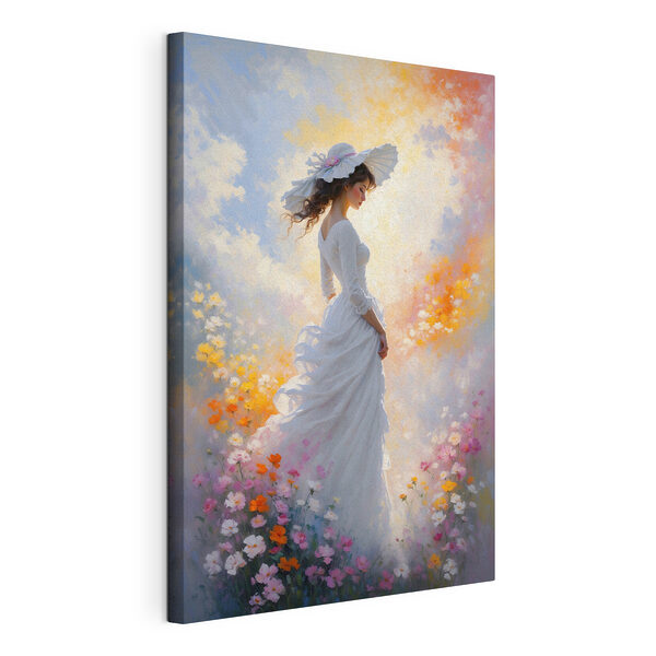 Canvas Schilderijen Vrouw in witte jurk tussen bloemen