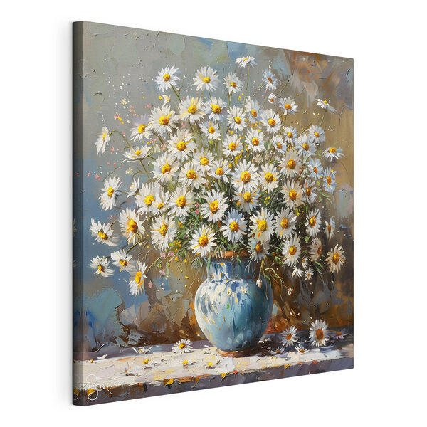 Canvas Schilderijen Vaas gevuld met levendige madeliefjes