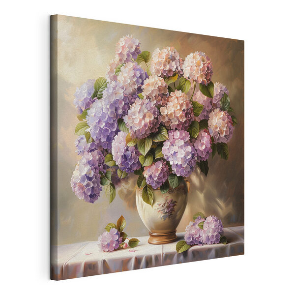Boeket van pastelkleurige hortensia's in vaas Canvas Schilderijen Boeket van pastelkleurige hortensia's in vaas
