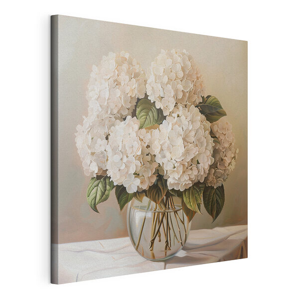 Canvas Schilderijen Schilderij van een boeket witte bloemen in een glazen vaas