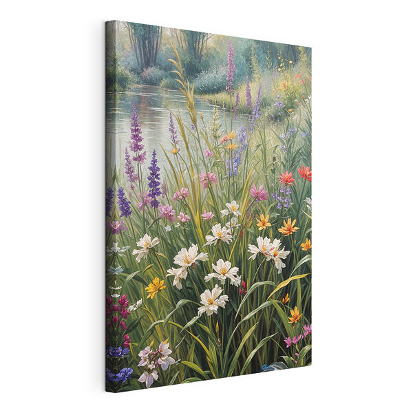 Kleurrijke wilde bloemen bij de serene vijver Canvas Schilderijen Kleurrijke wilde bloemen bij de serene vijver