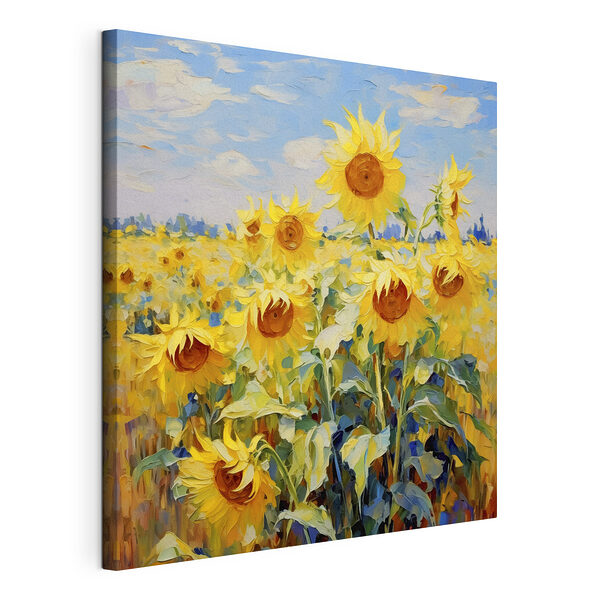 Canvas Schilderijen Schilderij van zonnebloemen in een veld