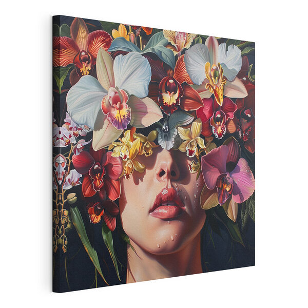 Schilderij van een vrouw met bloemen op haar hoofd Canvas Schilderijen Schilderij van een vrouw met bloemen op haar hoofd