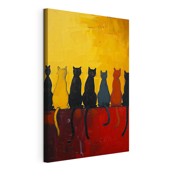 Canvas Schilderijen Groep katten zittend op een rood vlak