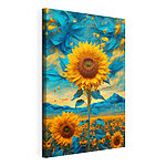 Canvas Schilderijen Zonnebloem met blauwe en gele bladeren