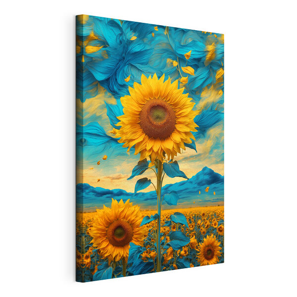 Canvas Schilderijen Zonnebloem met blauwe en gele bladeren