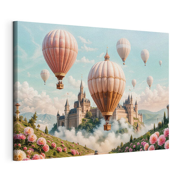 Canvas Schilderijen Kasteel met heteluchtballonnen