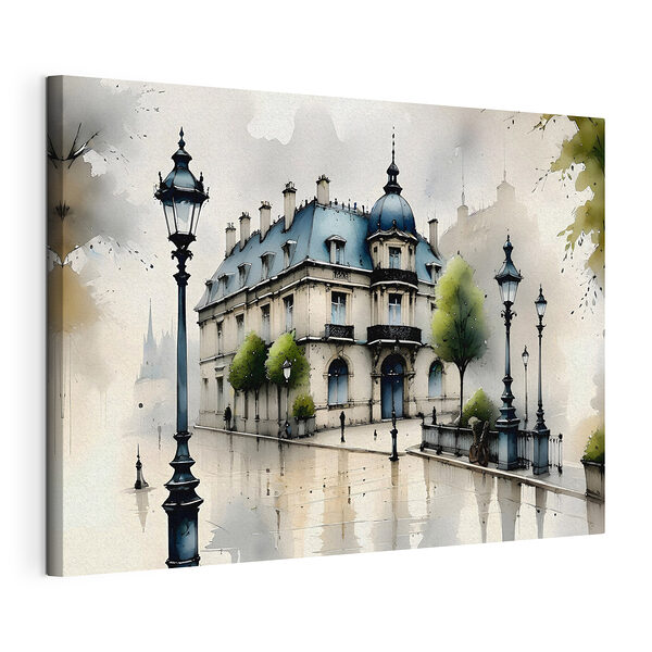 Canvas Schilderijen Schilderij van een gebouw met bomen en een straatlantaarn