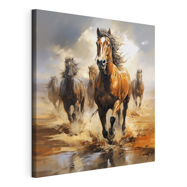 Canvas Schilderijen Groep paarden loopt door water