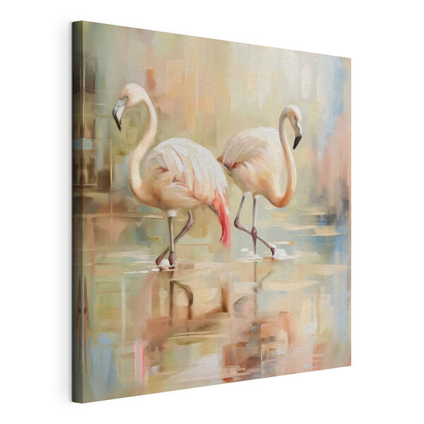 Canvas Schilderijen Twee flamingo's lopen op water