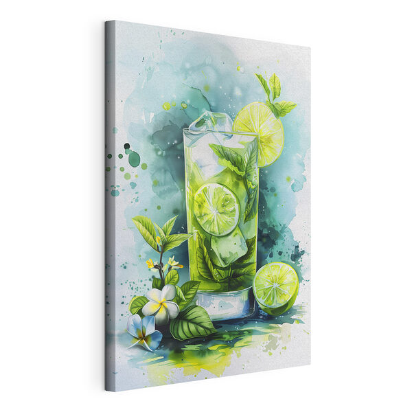 Aquarel van een drankje met limoenen en bladeren Canvas Schilderijen Aquarel van een drankje met limoenen en bladeren