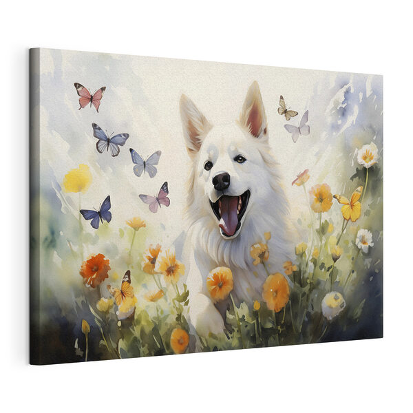 Witte hond met vlinders in een bloemenveld Canvas Schilderijen Witte hond met vlinders in een bloemenveld