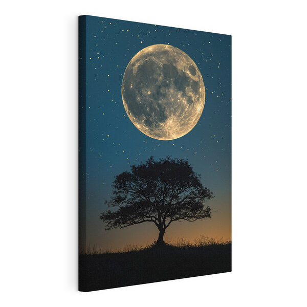 Boom en maan aan de hemel Canvas Schilderijen Boom en maan aan de hemel