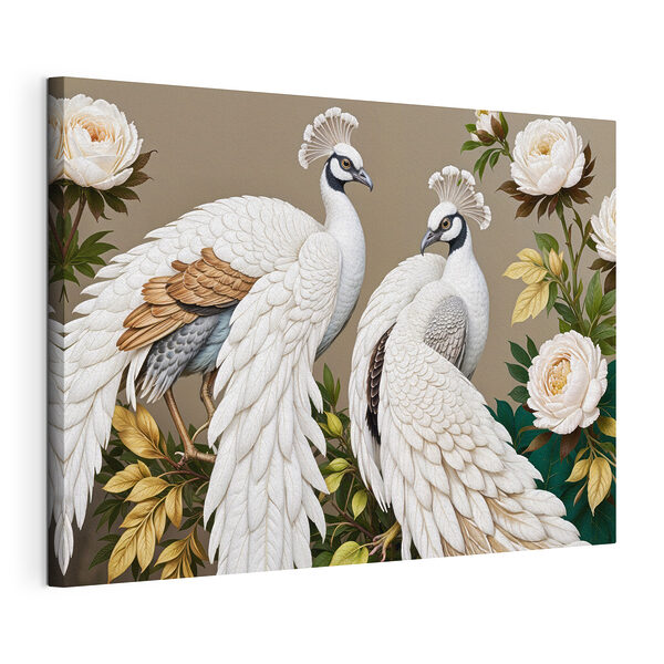 Canvas Schilderijen Paar witte pauwen op een tak met bloemen
