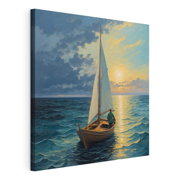 Canvas Schilderijen Schilderij van een man in een boot in de oceaan
