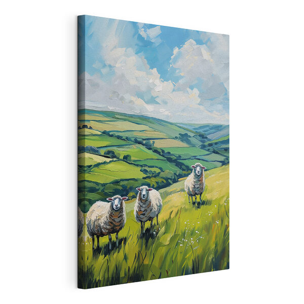 Groep schapen op een met gras begroeide heuvel Canvas Schilderijen Groep schapen op een met gras begroeide heuvel