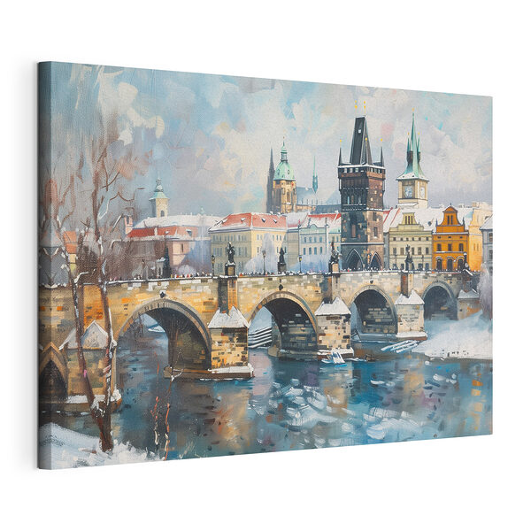 Canvas Schilderijen Brug over water met gebouwen en sneeuw