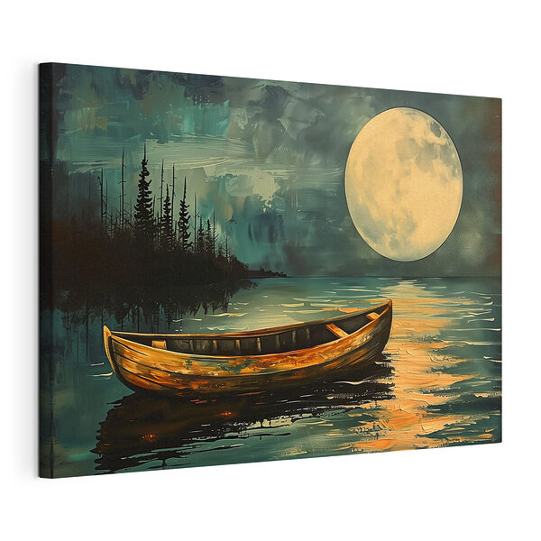 Canvas Schilderijen Boot in het water met een volle maan op de achtergrond