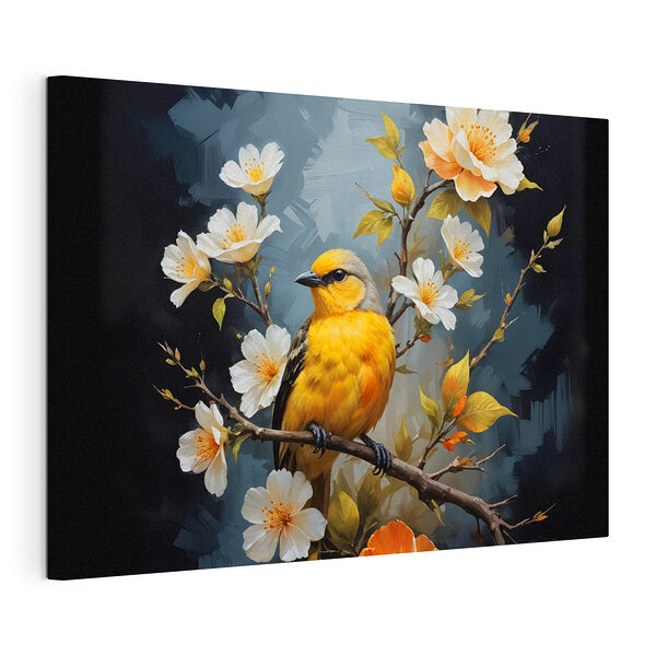 Canvas Schilderijen Vogel op een tak met bloemen