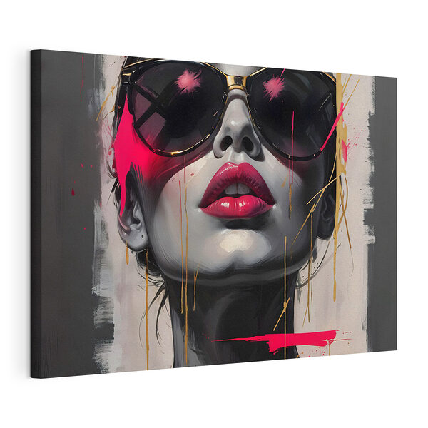 Canvas Schilderijen Vrouw met zonnebril en rode lippenstift