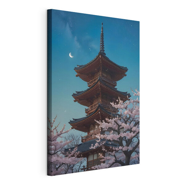 Canvas Schilderijen Pagode met kersenbloesems