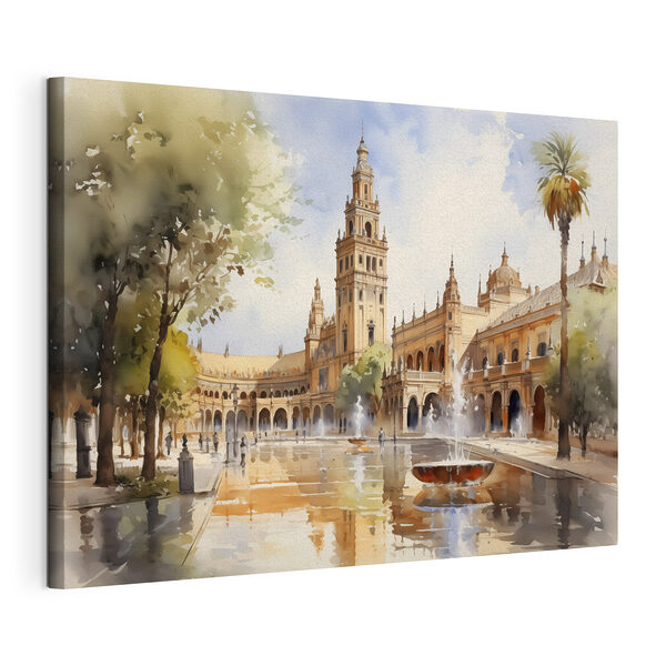 Waterfontein voor een gebouw Canvas Schilderijen Waterfontein voor een gebouw