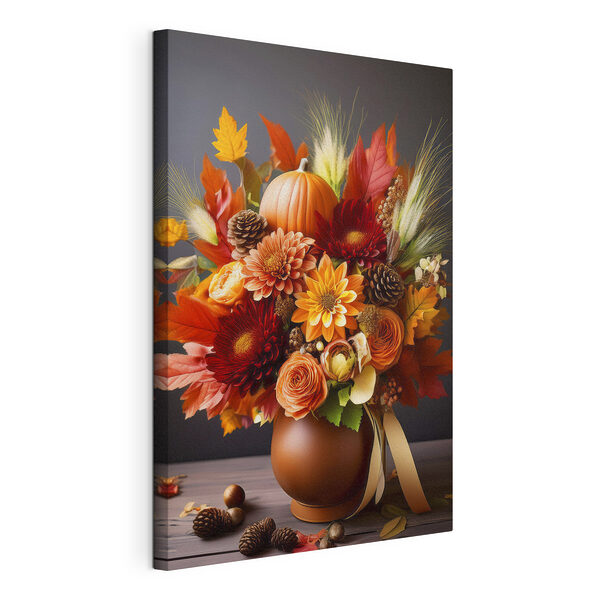 Vaas met bloemen en pompoenen Canvas Schilderijen Vaas met bloemen en pompoenen