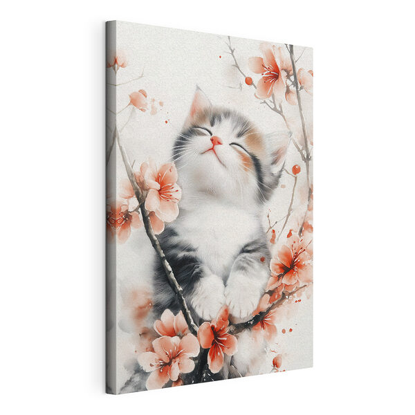 Kat zittend op een boom met bloemen Canvas Schilderijen Kat zittend op een boom met bloemen